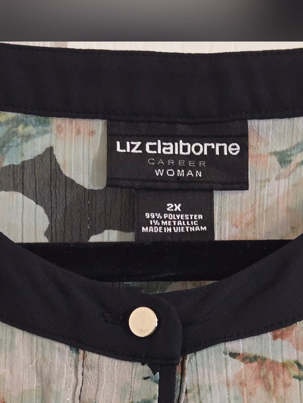 Liz Claiborne Sheer Floral Button Front Blouse - Black, White, Green - Picture 7 of 7